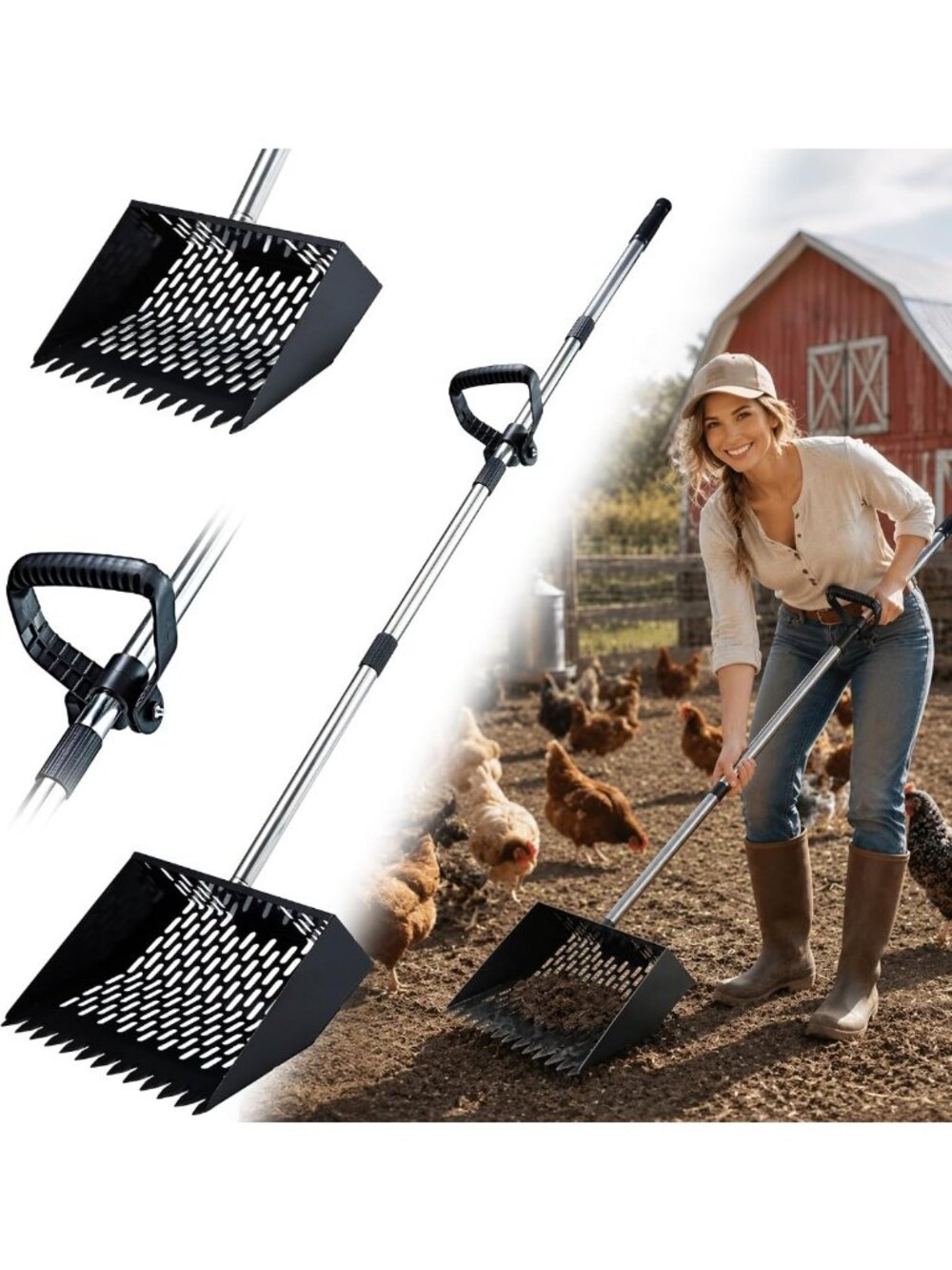 2-in-1 Chicken Poop Scooper & Rake - Durable Metal Coop Cleaning Tool